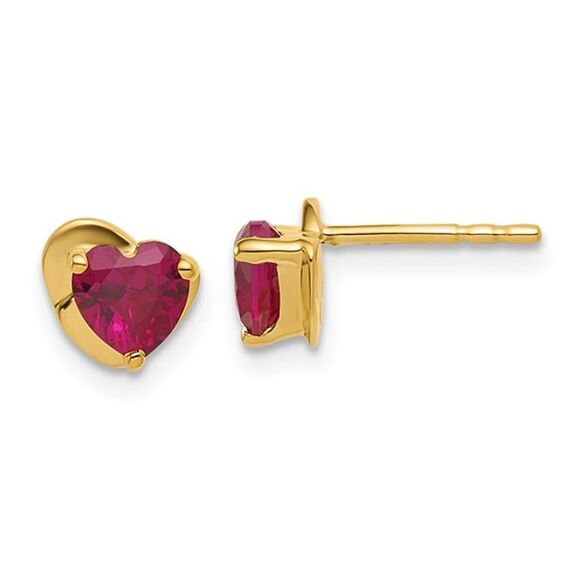 4/5 Carat (ctw) Lab-Created Ruby Heart Solitaire Earrings 10K Yellow Gold